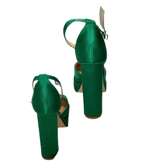 vivianly Women's Platform Chunky High Heels Emerald Green Satin Size 10 - Picture 2 of 5